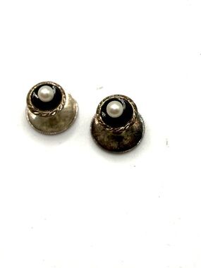 Antique Sterling Silver Tuxedo Studs with Black ONYX and Pearl Accent